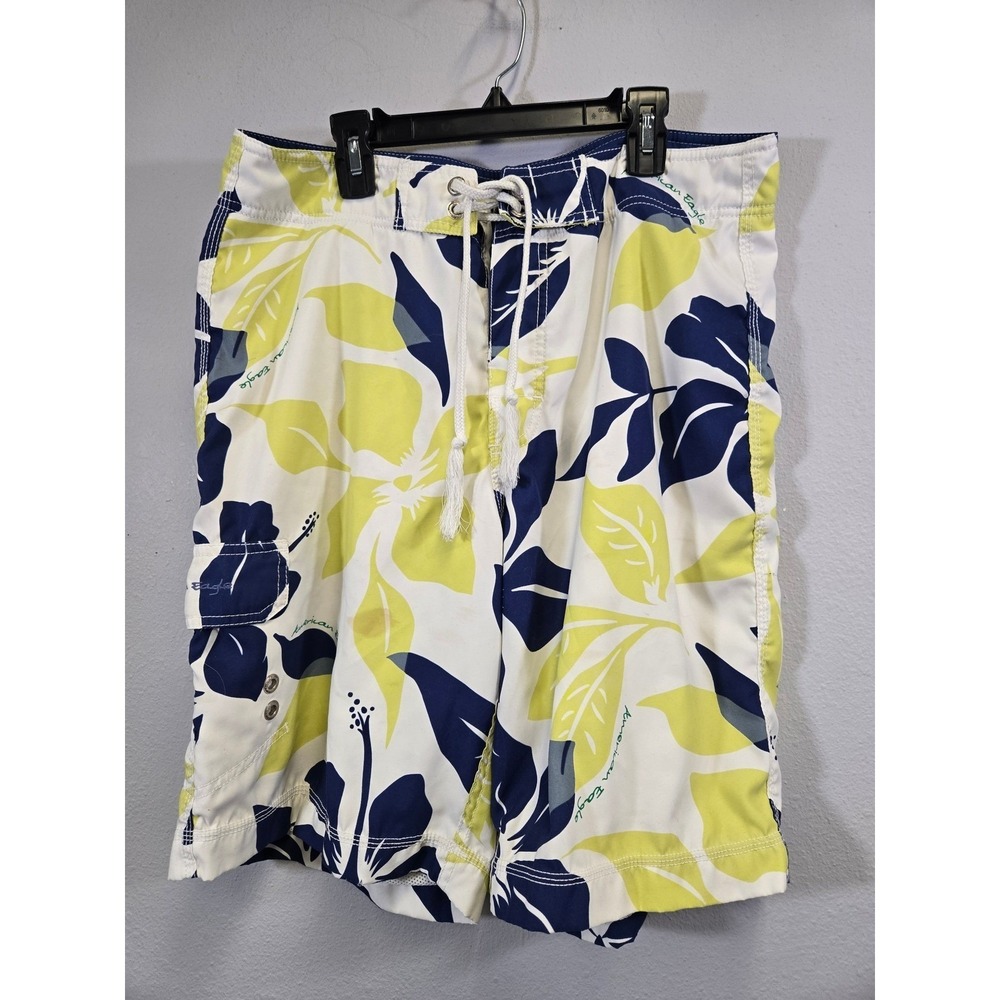 American Eagle Tropical Floral Hibiscus Board Shorts Swim Trunks Navy Lime 32